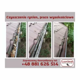 Trzy ujęcia tej samej rynny: zatkana liśćmi i brudem, po czyszczeniu, oraz zabezpieczona siatką ochronną przed ponownym zanieczyszczeniem.