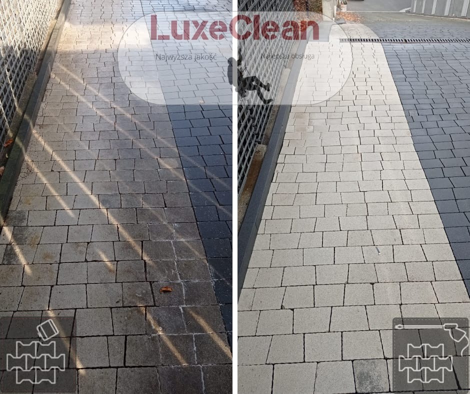 Porównanie kostki brukowej przed i po czyszczeniu: lewa strona brudna, prawa strona wyczyszczona, widoczne logo firmy LuxeClean nałożone na obraz.