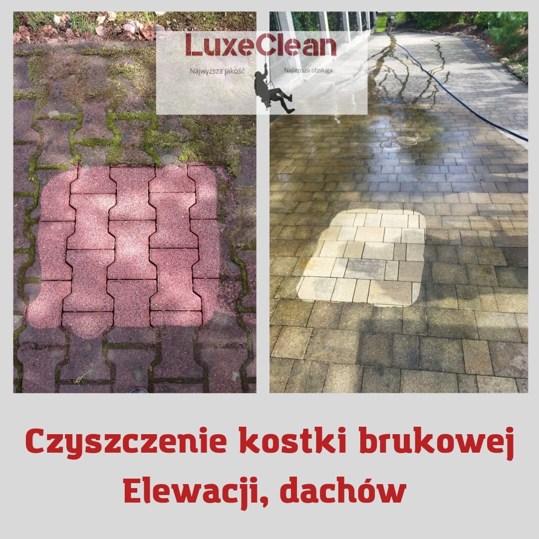 Porównanie kostki brukowej przed i po czyszczeniu, z widocznymi śladami mchu i zabrudzeń przed, oraz jaśniejszą, czystą powierzchnią po, na tle zieleni i fragmentu elewacji.