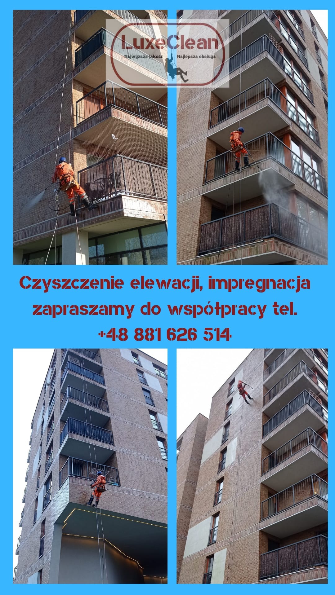 Cztery ujęcia pracownika w pomarańczowym kombinezonie, zawieszonego na linach, myjącego elewację wysokiego budynku z cegły z balkonami, w tle logo firmy LuxeClean.