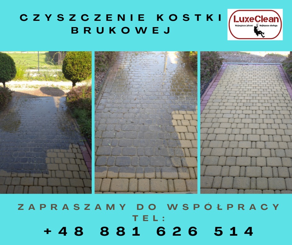 Prezentacja efektu czyszczenia kostki brukowej w Krakowie: porównanie stanu przed i po, widoczne różnice w kolorze i czystości nawierzchni.