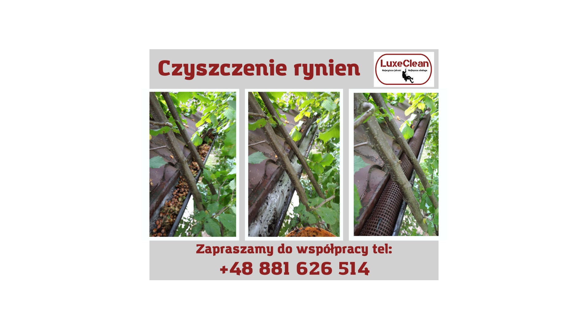 Kompozycja trzech ujęć tego samego systemu rynnowego: zatkany liśćmi i orzechami, w trakcie czyszczenia z widocznym brudem i po zamontowaniu siatki ochronnej, z logotypem firmy i zaproszeniem...