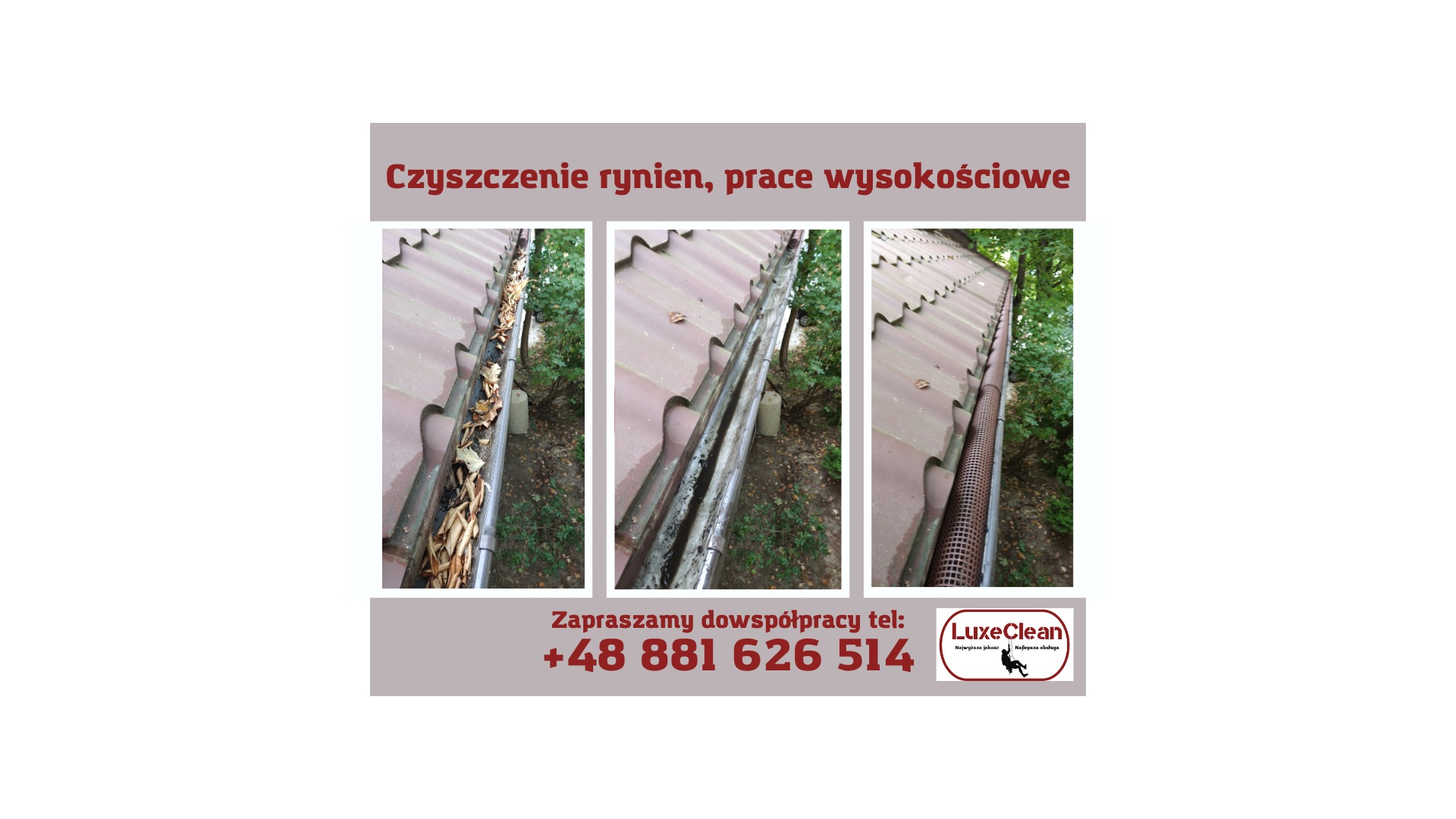 Trzy ujęcia tej samej rynny: zatkana liśćmi i brudem, po czyszczeniu, oraz zabezpieczona siatką ochronną przed ponownym zanieczyszczeniem.