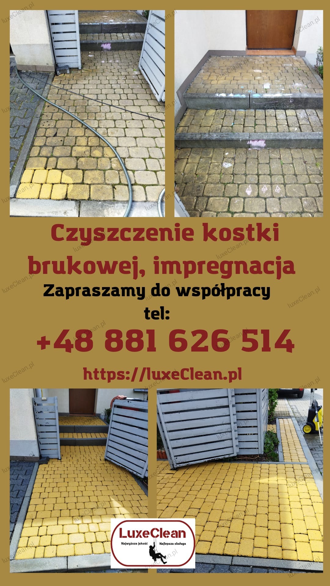 Reklama firmy oferującej czyszczenie i impregnację kostki brukowej, prezentująca efekty przed i po zabiegu na różnych ujęciach.