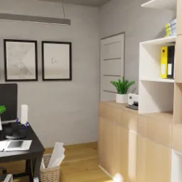 Wizualizacja pokoju biurowego z biurkiem, komputerem, rośliną w doniczce i regałem z segregatorami.