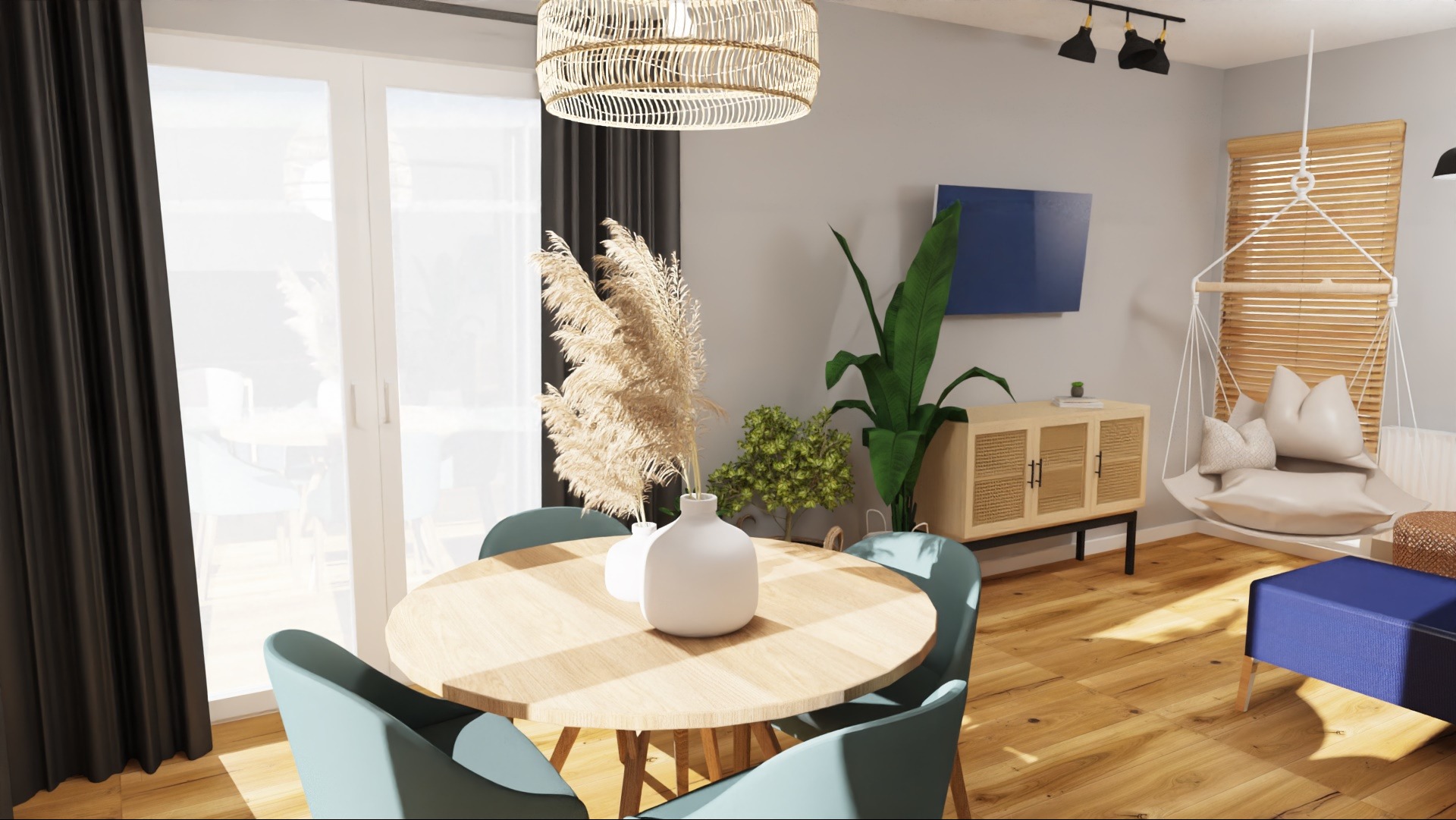 Jasne wnętrze jadalni z okrągłym, drewnianym stołem otoczonym czterema turkusowymi krzesłami, dekorowane trawami pampasowymi w białym wazonie, z wiszącą lampą z naturalnego materiału i huśtawką...