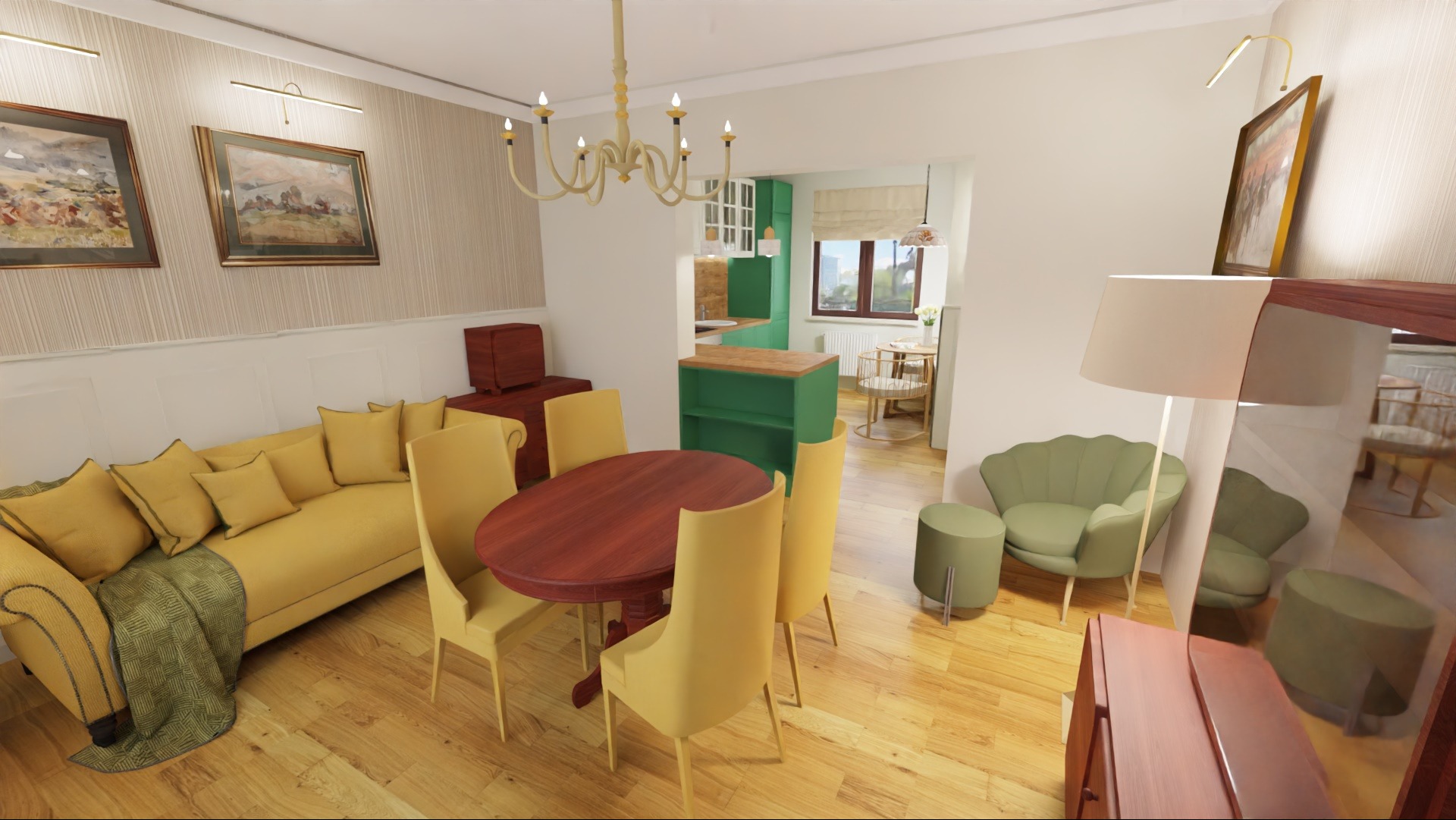 Wizualizacja wnętrza mieszkania z otwartą kuchnią, jadalnią z okrągłym stołem i salonem z żółtą sofą, obrazami na ścianie i dekoracyjnym żyrandolem.