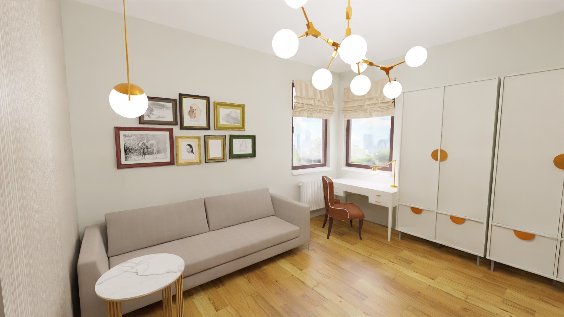 Wizualizacja pokoju dziennego z beżową sofą, stolikiem kawowym z marmurowym blatem, galerią obrazów na ścianie, biurkiem z krzesłem i dużą szafą w tle, oświetlonego nowoczesnymi lampami.