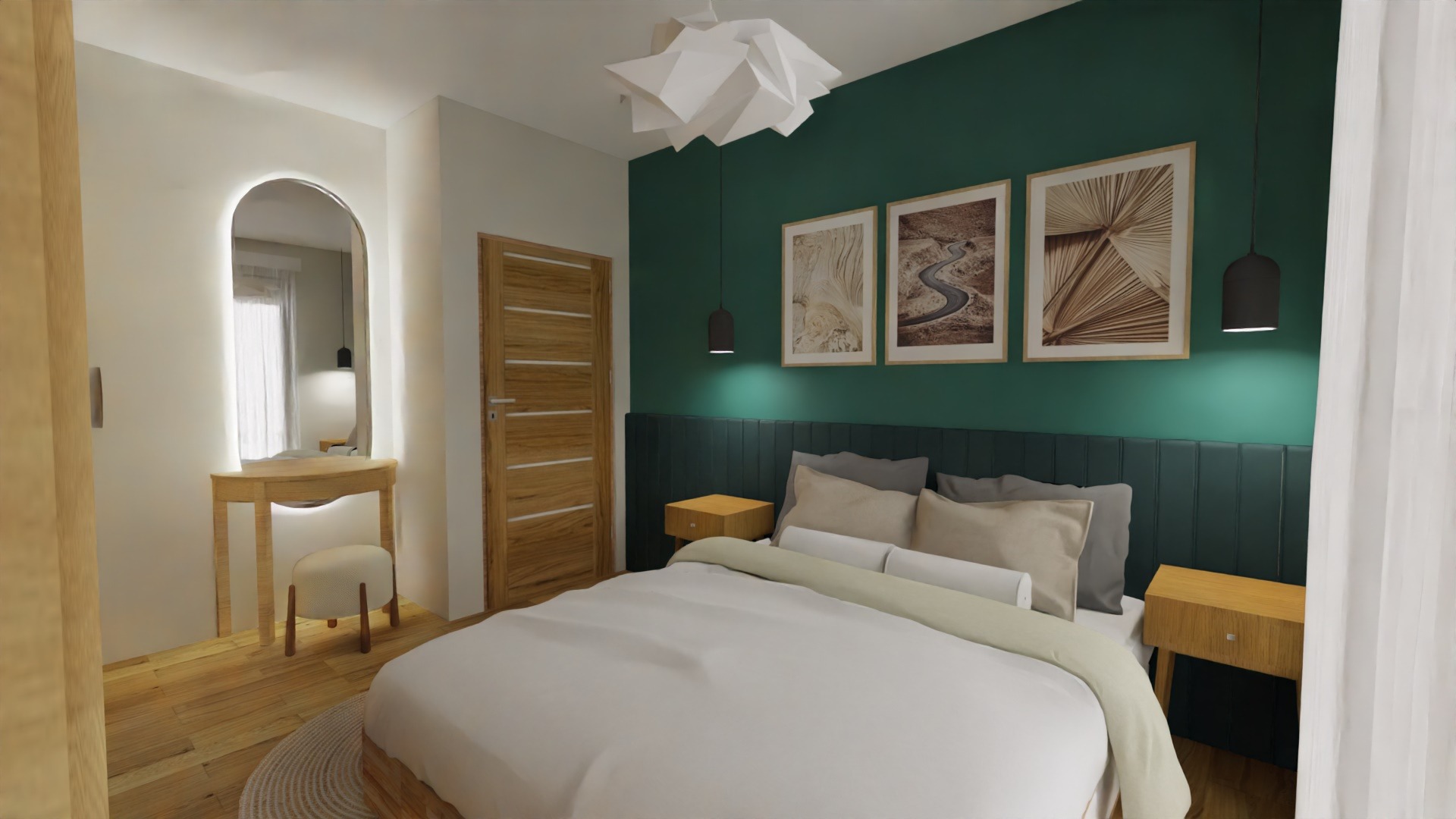 Wizualizacja sypialni z łóżkiem, toaletką z podświetlanym lustrem, drewnianą podłogą i zieloną ścianą z trzema obrazami w ramkach.