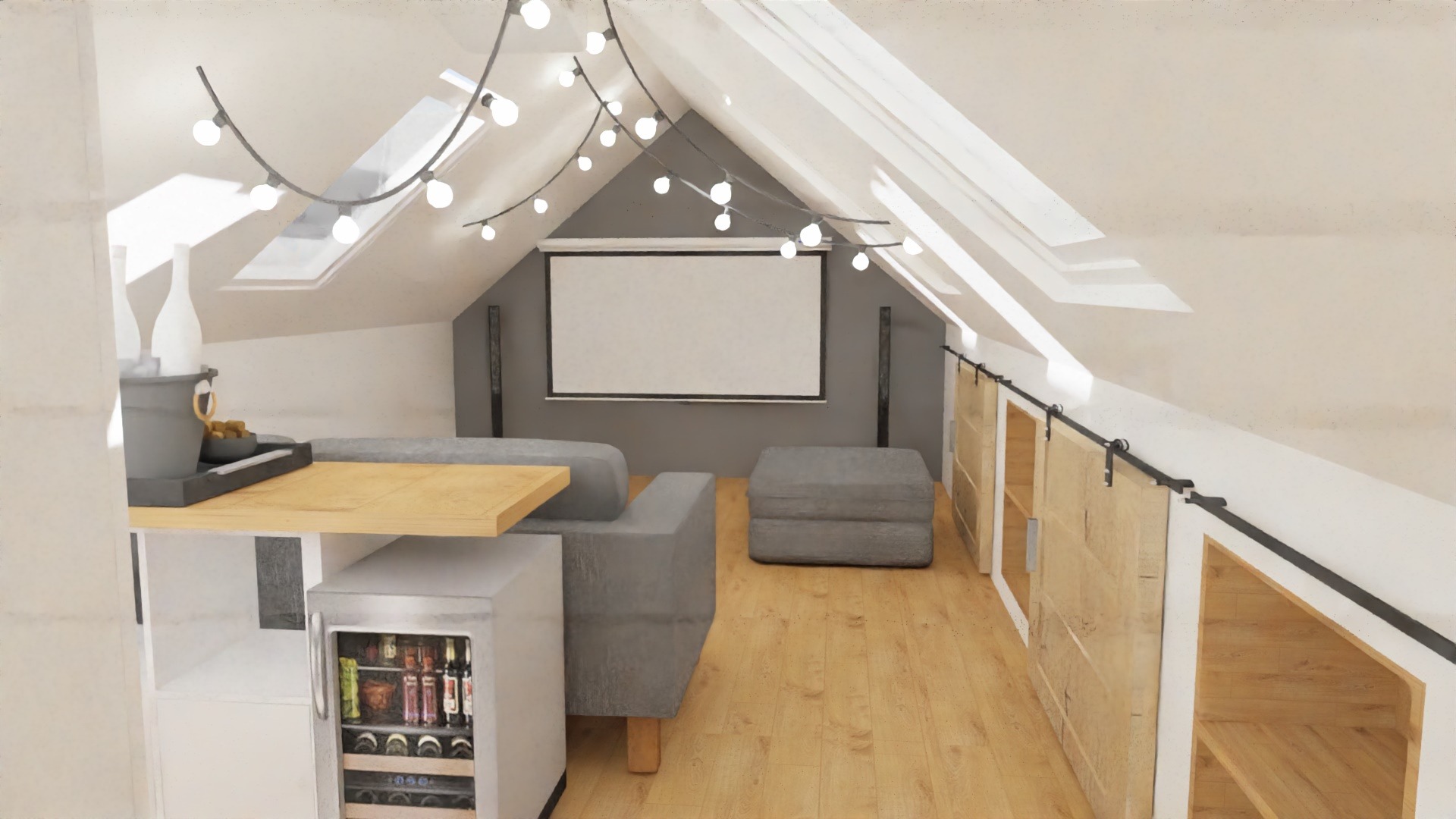 Wizualizacja poddasza zaaranżowanego na pokój kinowy z barem, szary narożnik, projektor, wiszące lampki i przesuwne drzwi do schowków.
