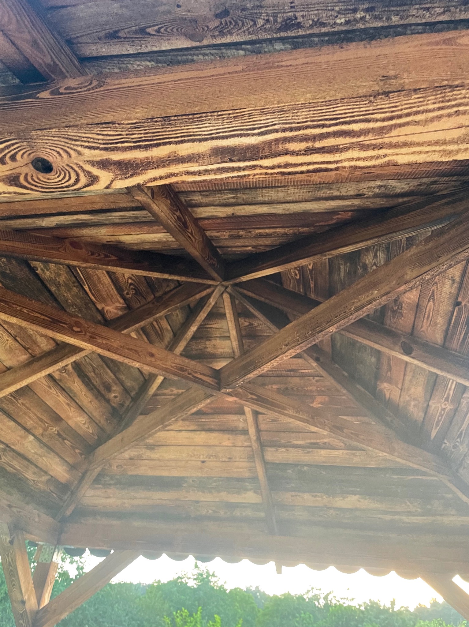 Drewniana konstrukcja dachu altany z widocznymi słojami drewna i promienistym układem belek.