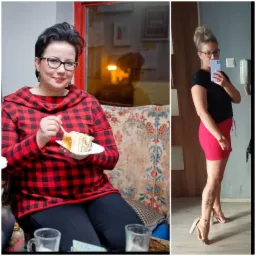 Kolaż zdjęć: kobieta przed i po, prezentujący potencjalne efekty diety i ćwiczeń; po lewej w czerwonej koszuli w kratę z kawałkiem ciasta, po prawej w czarnej bluzce i czerwonej spódnicy, robiąca...