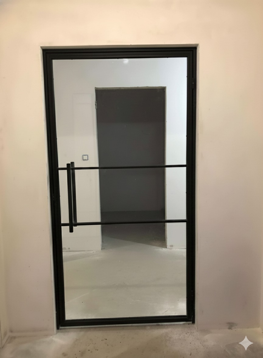 Nowoczesne, czarne drzwi wewnętrzne z przeszkleniami i minimalistycznym uchwytem, widoczne na tle surowego wnętrza w trakcie wykończenia.