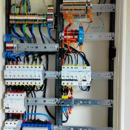 Otwarta skrzynka elektryczna z licznymi bezpiecznikami, przewodami o różnych kolorach i złączkami, zamontowana na metalowych szynach wewnątrz białej obudowy.