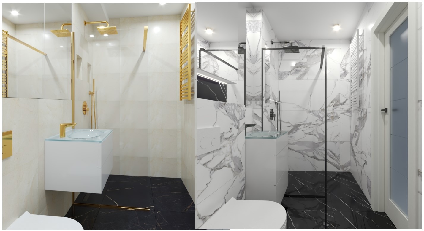 Wizualizacja łazienki z czarną marmurową podłogą, białymi ścianami wyłożonymi płytkami imitującymi marmur i beżowymi płytkami, szklaną umywalką na białej szafce, złotą armaturą i grzejnikiem...