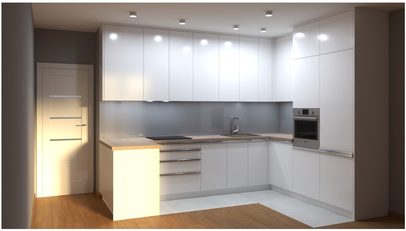 Wizualizacja nowoczesnej, minimalistycznej kuchni z białymi, błyszczącymi frontami, drewnianym blatem i stalowym panelem nad blatem, oświetlona punktowymi lampami sufitowymi.