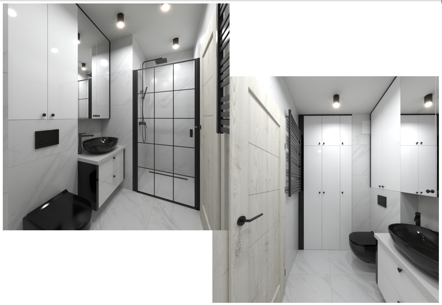 Wizualizacja nowoczesnej łazienki z kabiną prysznicową typu walk-in z czarnymi profilami, szafką umywalkową z czarną, owalną umywalką nablatową, białą zabudową meblową pod sufit i grzejnikiem...