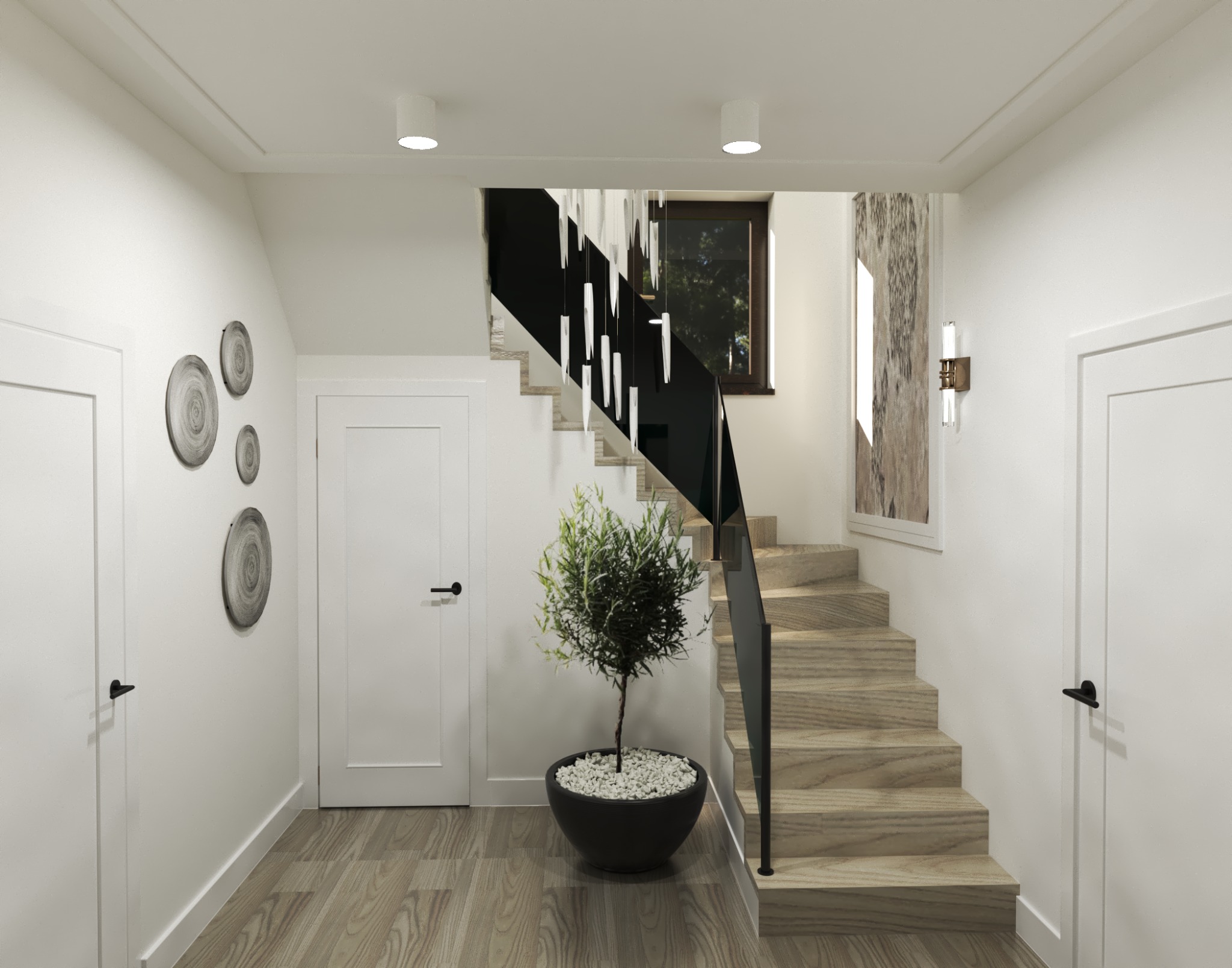 Nowoczesne wnętrze holu z drewnianymi schodami z czarną balustradą, oświetleniem punktowym, dekoracjami ściennymi w kształcie plastrów drewna i rośliną w czarnej donicy z białymi kamieniami.