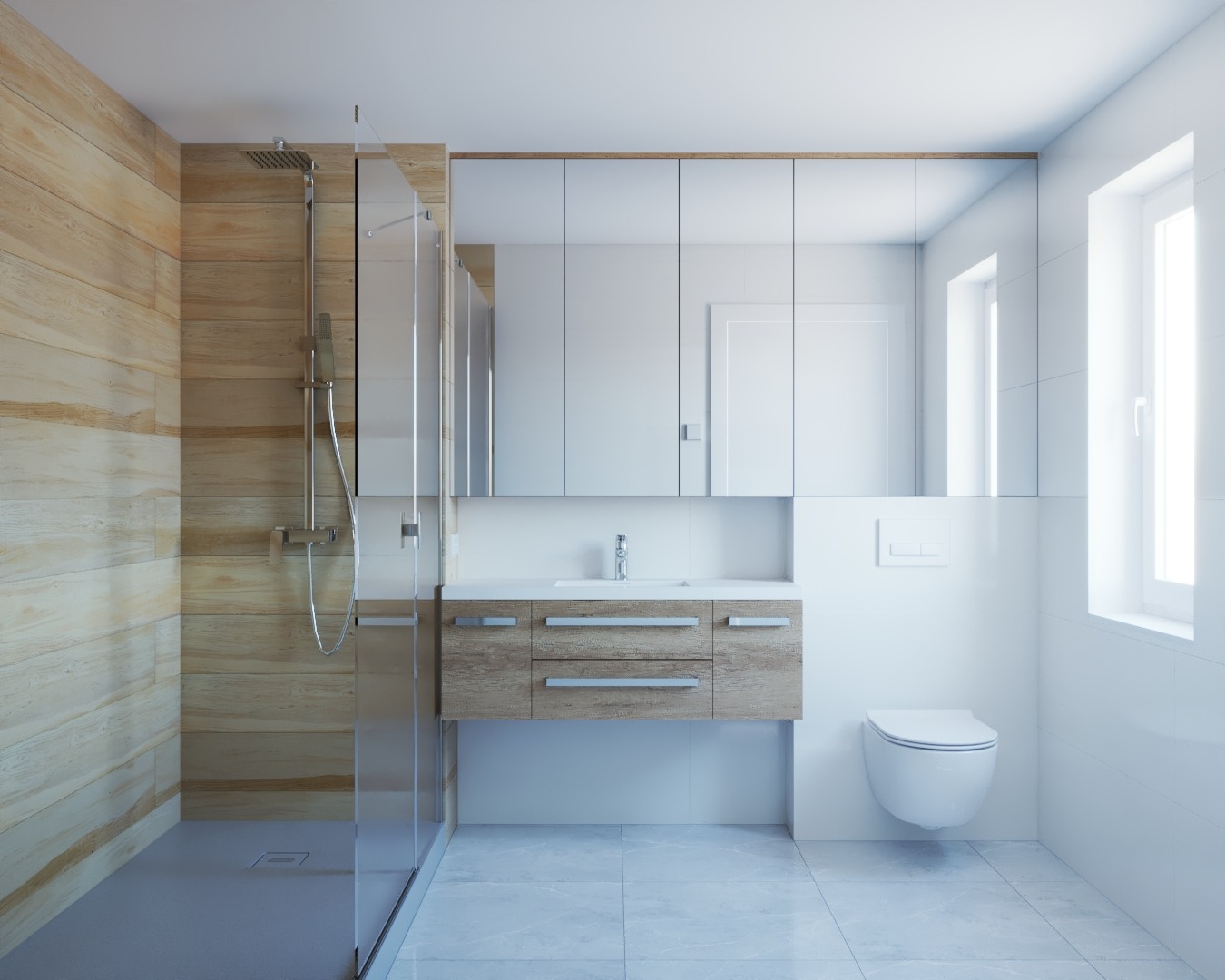 Nowoczesna łazienka z kabiną prysznicową typu walk-in, drewnopodobnymi płytkami na ścianie prysznica, szafką pod umywalką z drewnianymi frontami oraz dużym lustrem nad umywalką.