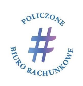 Niebiesko-fioletowy znak hasztagu otoczony okręgiem z napisem 'POLICZONE BIURO RACHUNKOWE' w kolorze niebieskim, na białym tle.