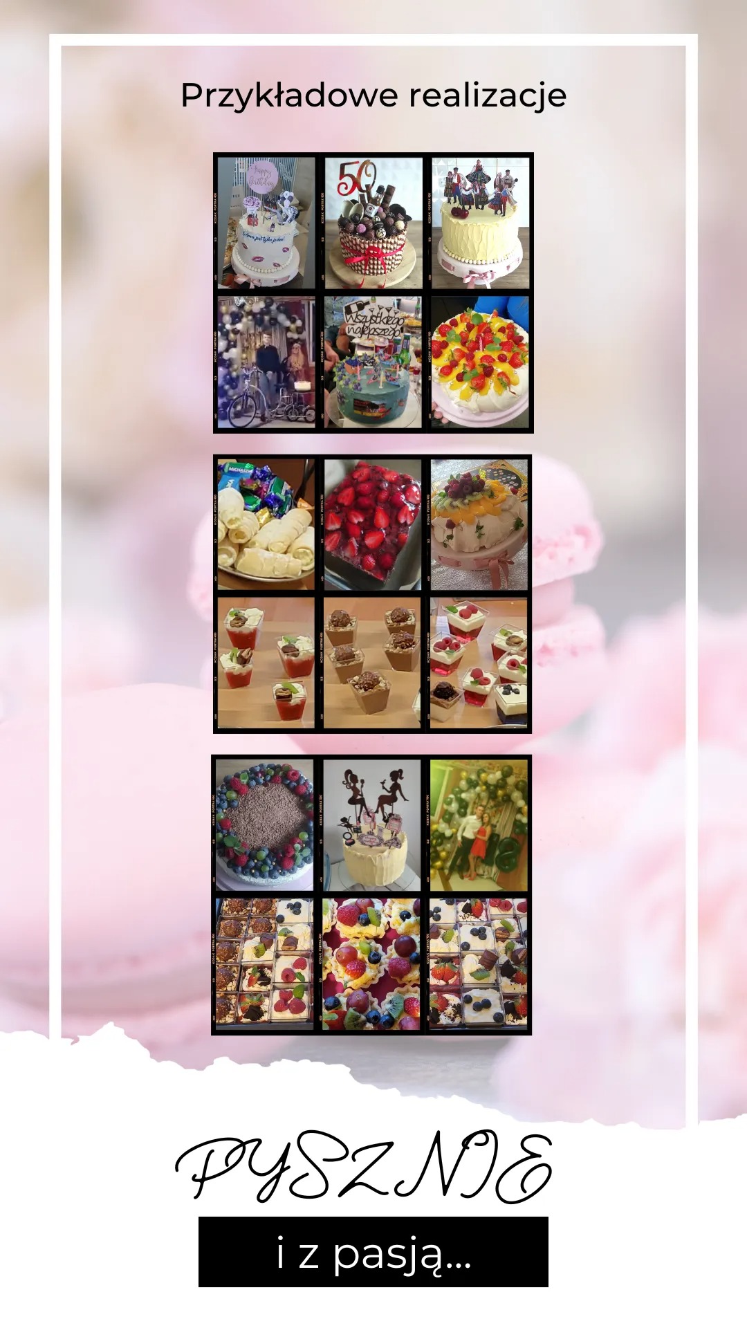 Kolaż dziewięciu zdjęć przedstawiających różnorodne ciasta, desery i torty, z dekoracjami owocowymi, czekoladowymi i tematycznymi, na rozmytym, różowym tle.