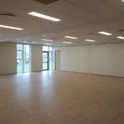 Pusta sala z panelami podłogowymi w odcieniach jasnego drewna, białe ściany z przesuwnymi panelami, sufit z oświetleniem rastrowym i okrągłymi nawiewnikami klimatyzacji.