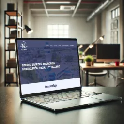 Laptop wyświetlający stronę internetową Gdańskiego Związku Zawodowego Kontrolerów Ruchu Lotniczego (GZZKRL) na tle biura z regałem i oknem.