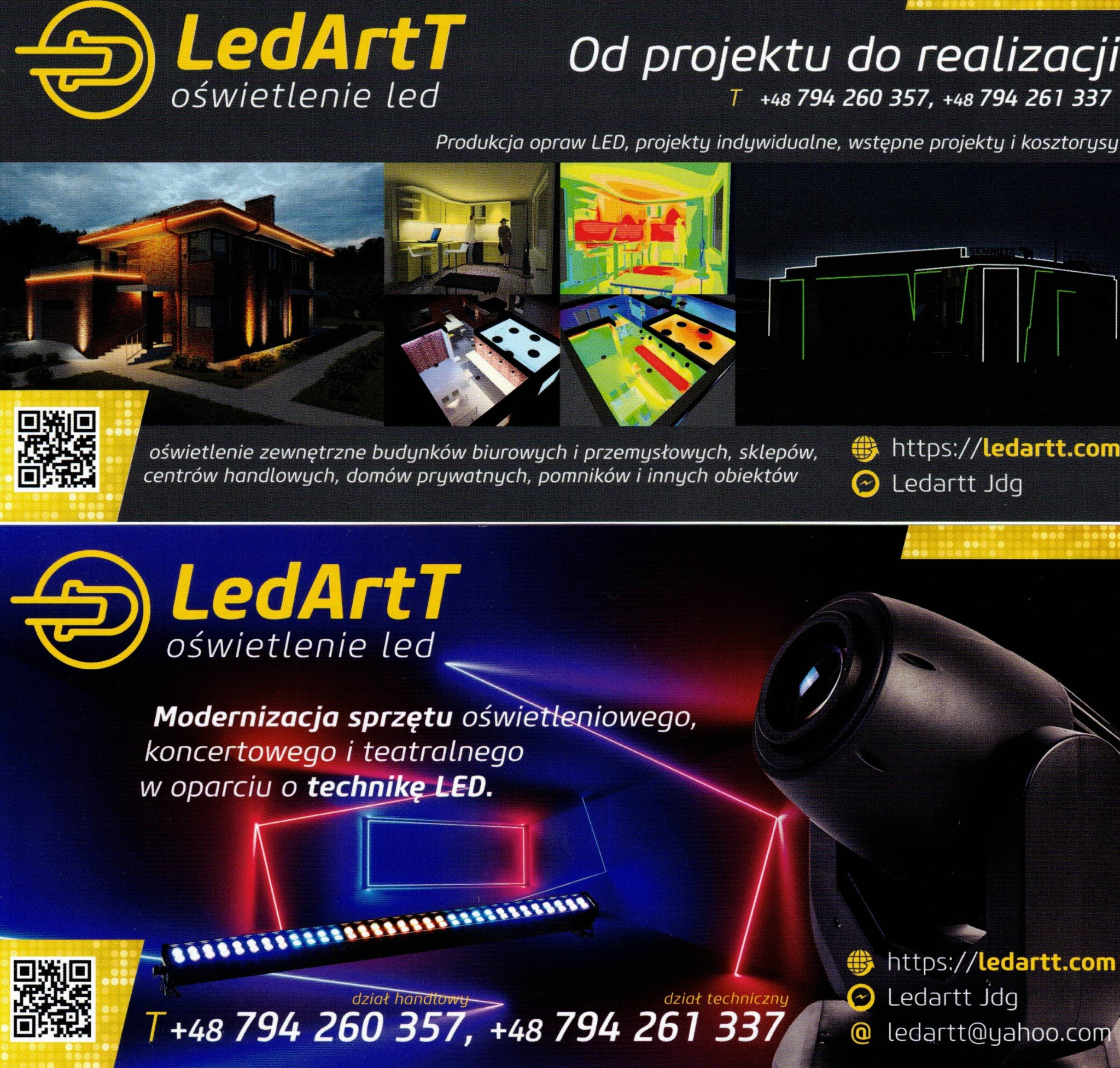 Kolaż reklamowy firmy LedArtT prezentujący oświetlenie zewnętrzne budynku z cegły, wizualizacje wnętrz, schemat budynku, reflektor sceniczny i listwę LED, wraz z logo, danymi kontaktowymi i adresem...