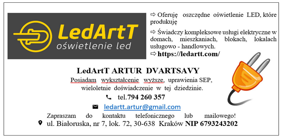 Reklama firmy LedArtT oferującej oświetlenie LED i usługi elektryczne, z logo, adresem, numerem telefonu, adresem e-mail i ilustracją wtyczki elektrycznej.