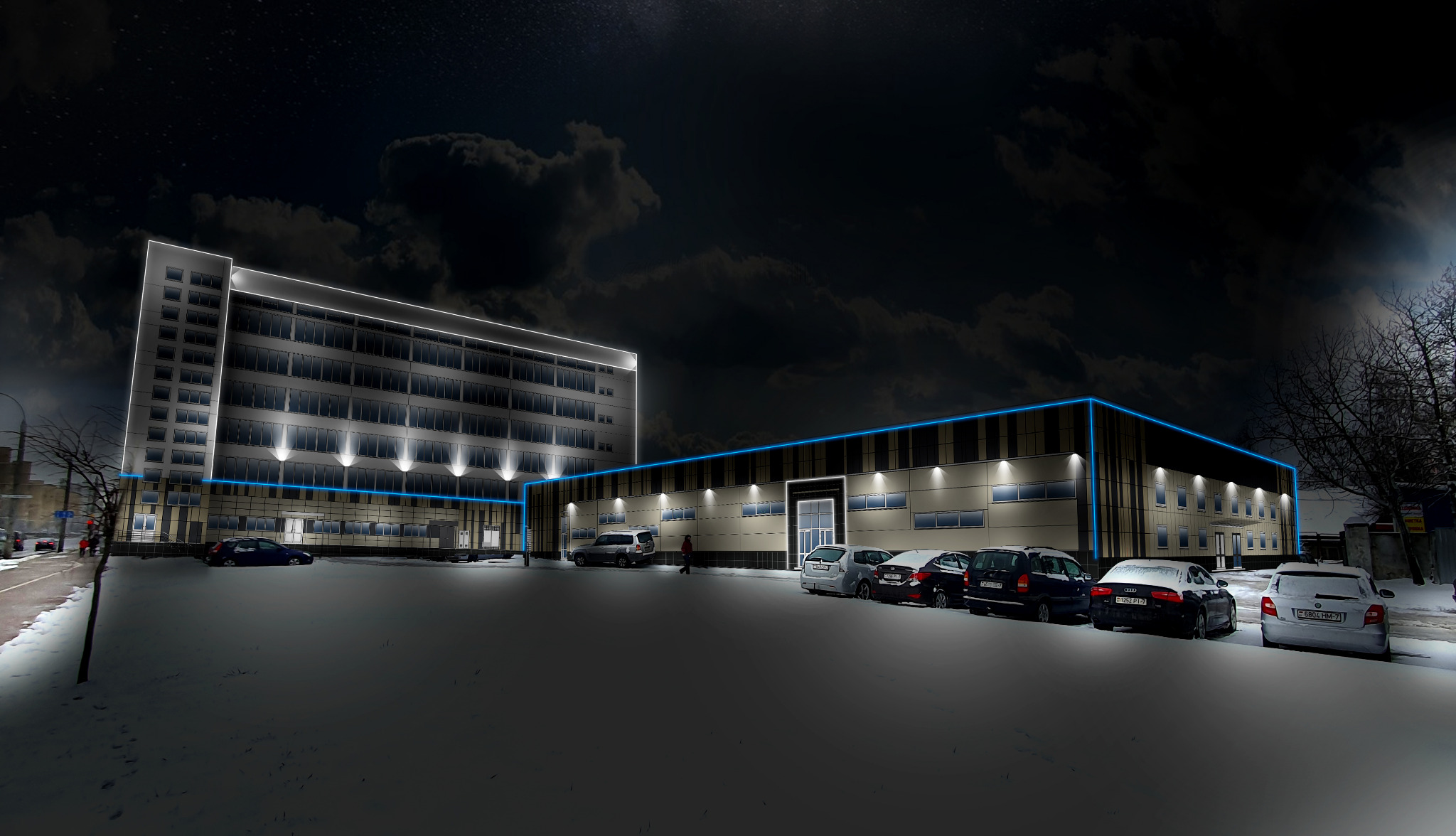 oświetlenie architektoniczne kompleksu hotelowego z supermarketem