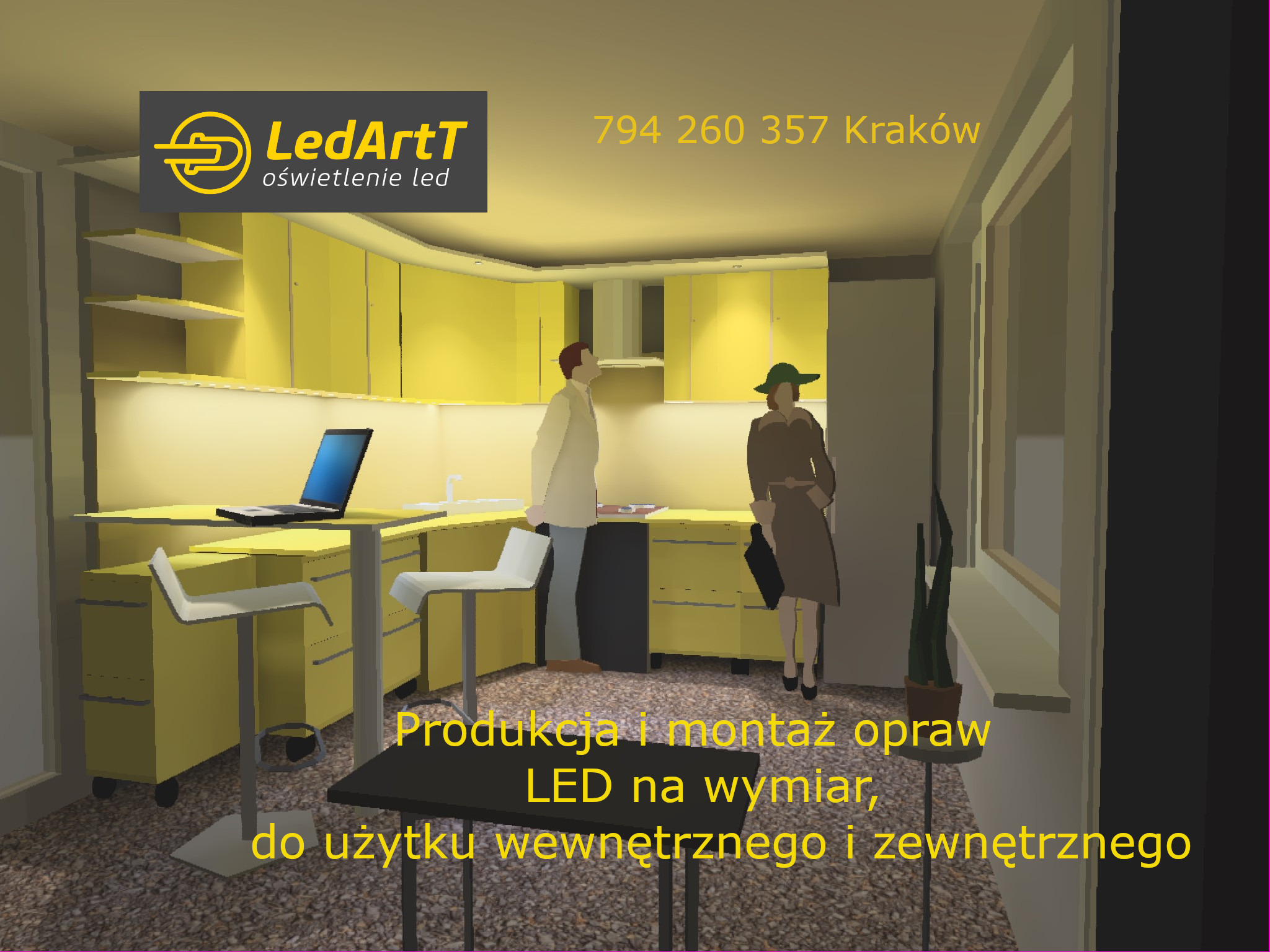 Wizualizacja kuchni z żółtymi szafkami i oświetleniem LED, z napisem 'LedArtT oświetlenie led' i numerem telefonu w Krakowie.