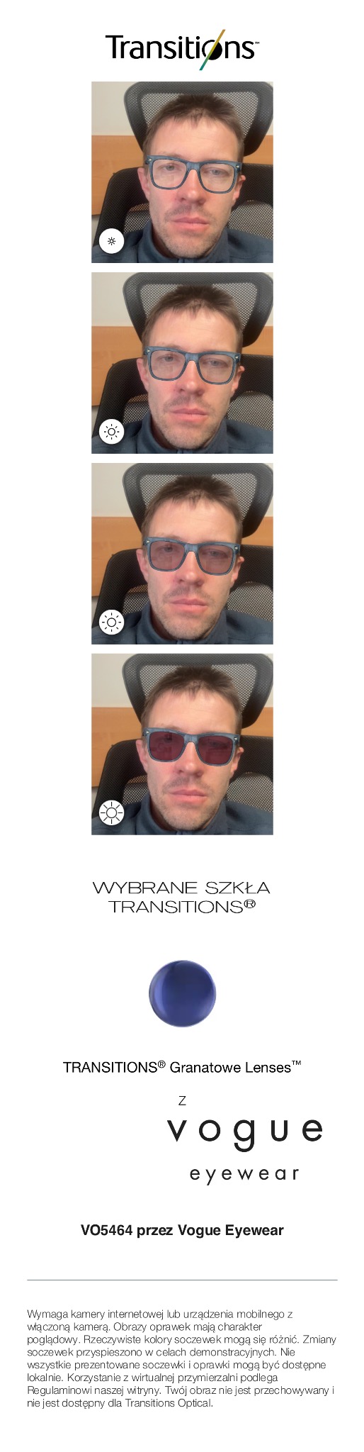 Prezentacja okularów Transitions Vogue VO5464 z granatowymi soczewkami, zmieniającymi barwę pod wpływem światła. Cztery ujęcia twarzy modela w różnych odcieniach szkieł.