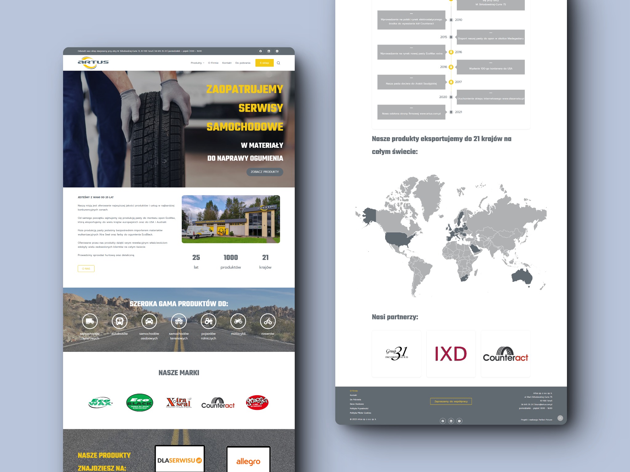 Strona internetowa firmy Artus prezentująca ofertę materiałów do naprawy ogumienia, z grafiką dłoni w rękawicach trzymających oponę, logo firmy w lewym górnym rogu i hasłem 'Zaopatrujemy serwisy...