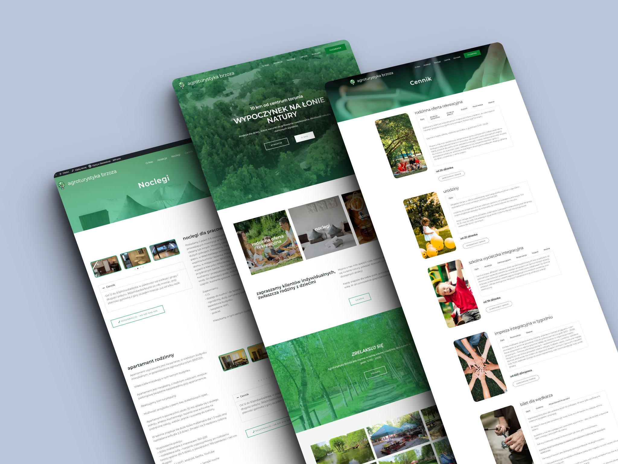 Prezentacja responsywnej strony internetowej Agroturystyki Brzoza na trzech urządzeniach, ukazująca różne sekcje: noclegi, ofertę rekreacyjną i cennik, z akcentem na wypoczynek na łonie natury...