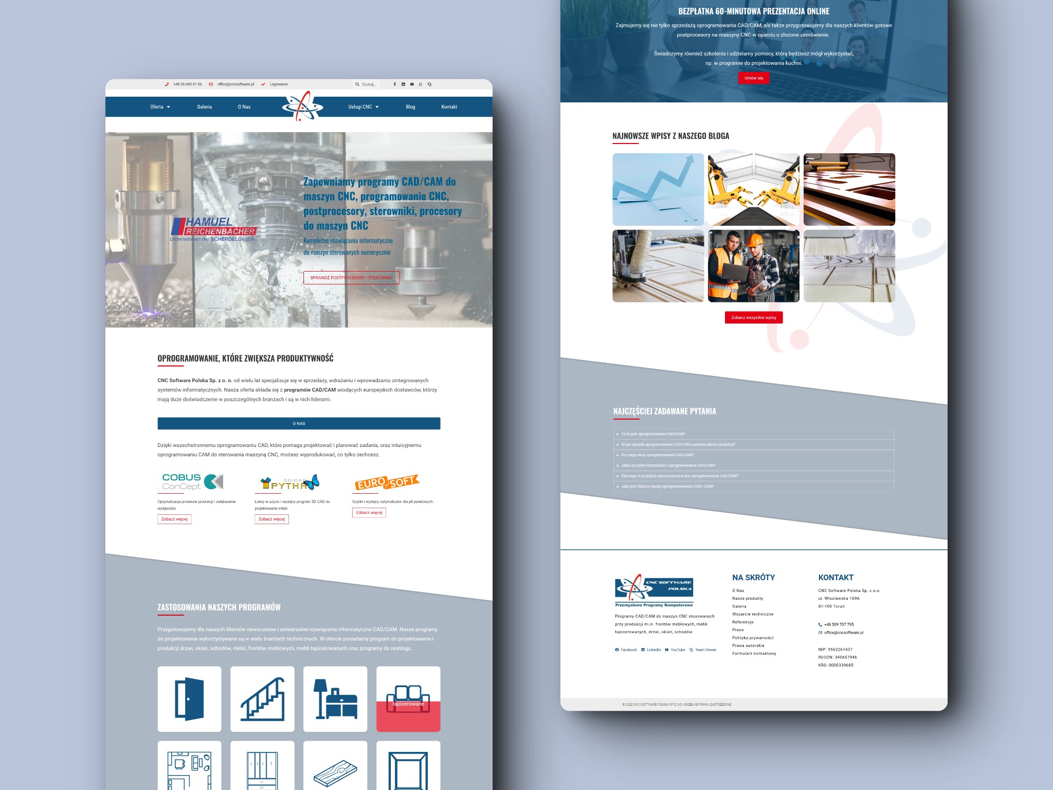 Strona internetowa firmy CNC Software Polska prezentująca programy CAD/CAM do maszyn CNC, z przykładem obróbki metalu na maszynie CNC w tle banera.