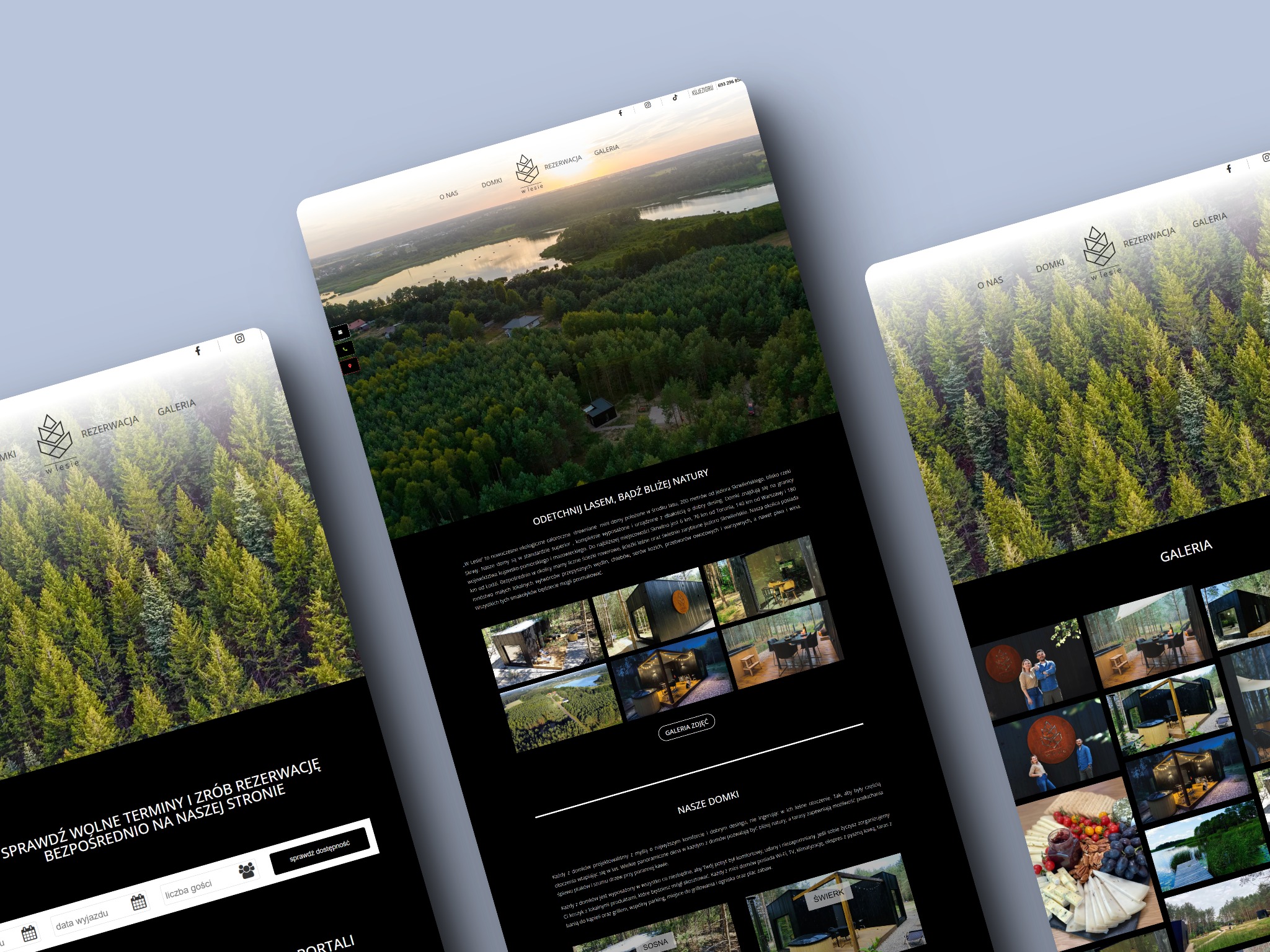 Prezentacja strony internetowej z widokiem na las i jezioro, promująca ekologiczne mini domki 'W Lesie' z rezerwacją online.