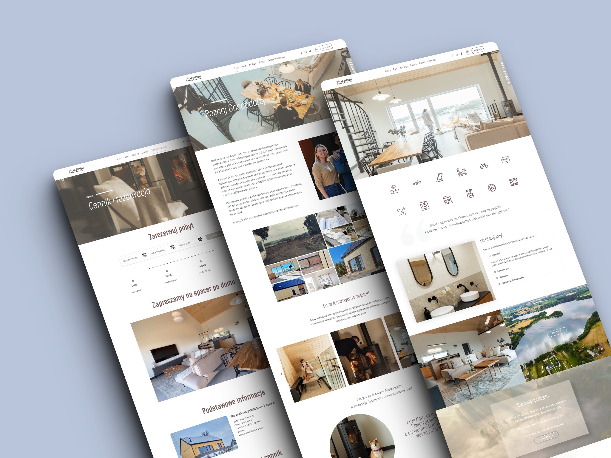 Prezentacja responsywnej strony internetowej z widokiem na jezioro i domki wypoczynkowe KuJezioru, ukazująca sekcje 'Poznaj Gospodarzy', 'Cennik i rezerwacja', 'Co oferujemy?' oraz zdjęcia domków...