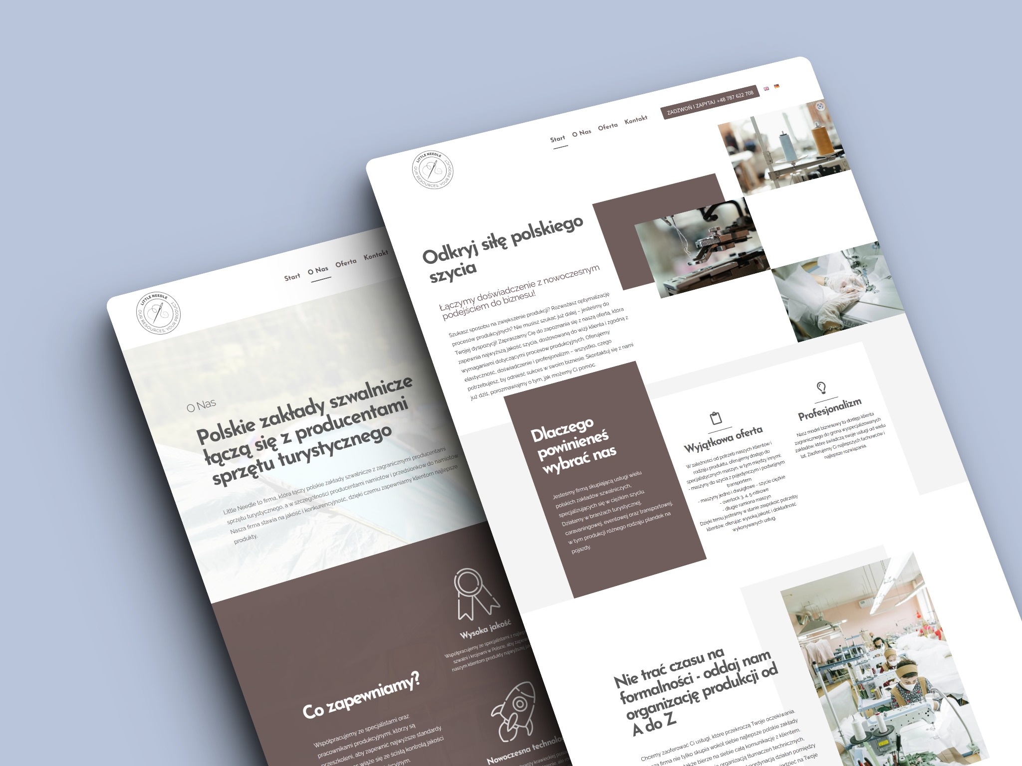 Fragment strony internetowej firmy szwalniczej Little Needle, prezentujący ofertę szycia dla producentów sprzętu turystycznego, z tekstem 'Odkryj siłę polskiego szycia' i zdjęciami maszyn...
