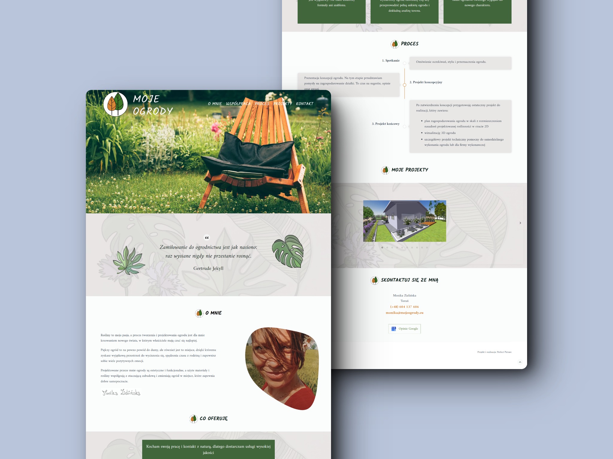 Fragment strony internetowej projektantki ogrodów z drewnianym krzesłem w ogrodzie, logotypem firmy i cytatem Gertrude Jekyll.