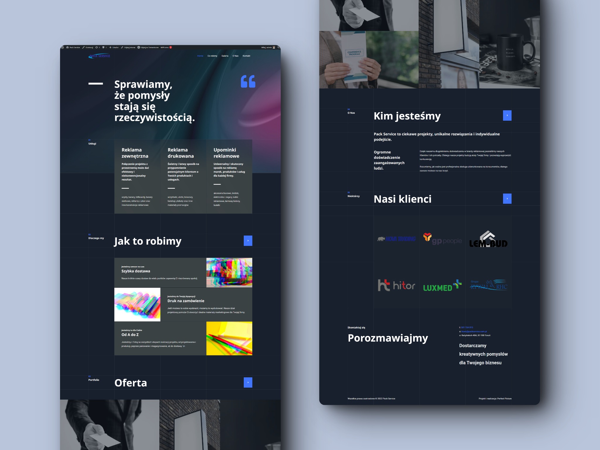 Strona internetowa agencji reklamowej Pack Service z ofertą reklamy zewnętrznej, drukowanej i upominków reklamowych, prezentująca przykłady realizacji i listę klientów.