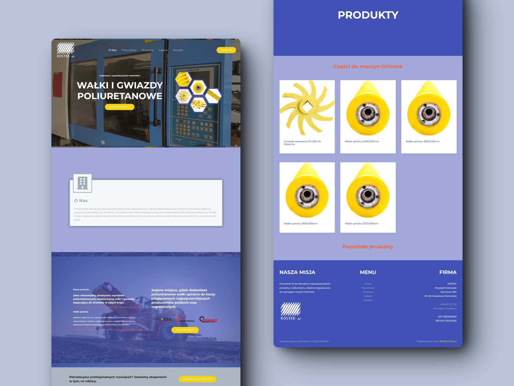 Zdjęcie przedstawia stronę internetową firmy KOSTEK, specjalizującej się w produkcji wyrobów z poliuretanu, w tym wałków spiralnych i gwiazd. Na stronie widoczne są sekcje 'O Nas', 'Produkty'...