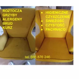 Żółty fotel tapicerowany: po lewej stronie widoczne zabrudzenia i kurz, po prawej stronie fotel po czyszczeniu, z hasłami 'higieniczne czyszczenie, świeżość, czystość, pachnąco', numer telefonu...