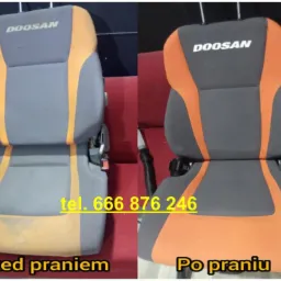 Fotel operatora maszyny budowlanej marki Doosan, widok przed i po czyszczeniu, z widocznymi plamami i odbarwieniami przed zabiegiem.