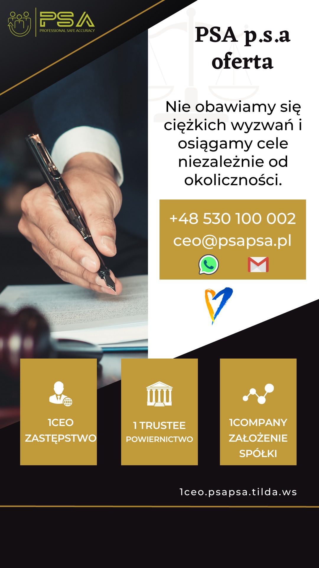 Reklama firmy PSA p.s.a oferującej usługi zastępstwa, powiernictwa i założenia spółki, z dłonią podpisującą dokument piórem wiecznym na pierwszym planie.