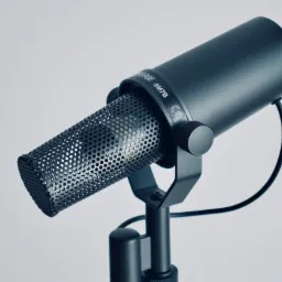 Czarny mikrofon Shure SM7B na statywie, widoczne logo i perforowana osłona, na jasnym tle.