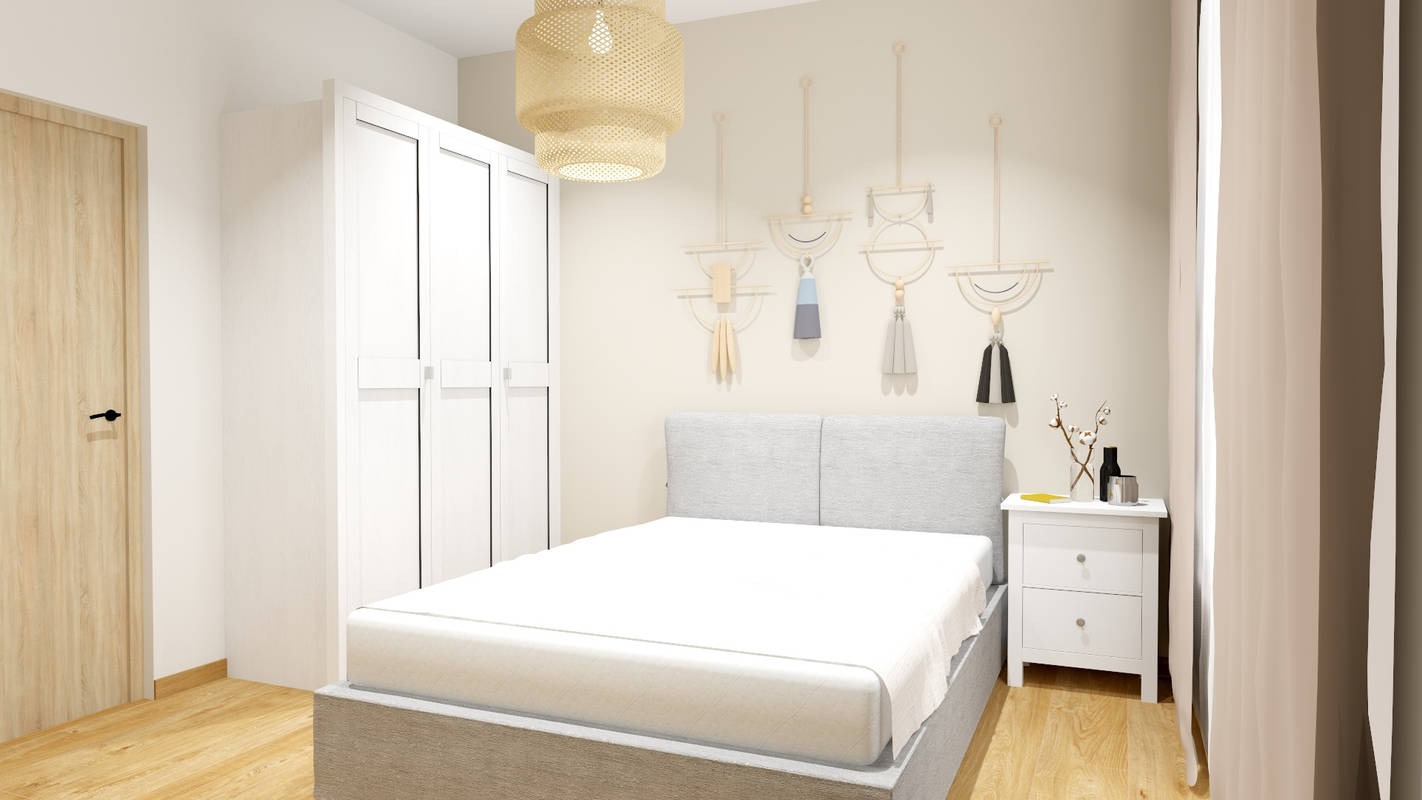 Jasna sypialnia w minimalistycznym stylu z łóżkiem, szafą, stolikiem nocnym i dekoracjami ściennymi, oświetlona wiszącą lampą z abażurem z naturalnego materiału.