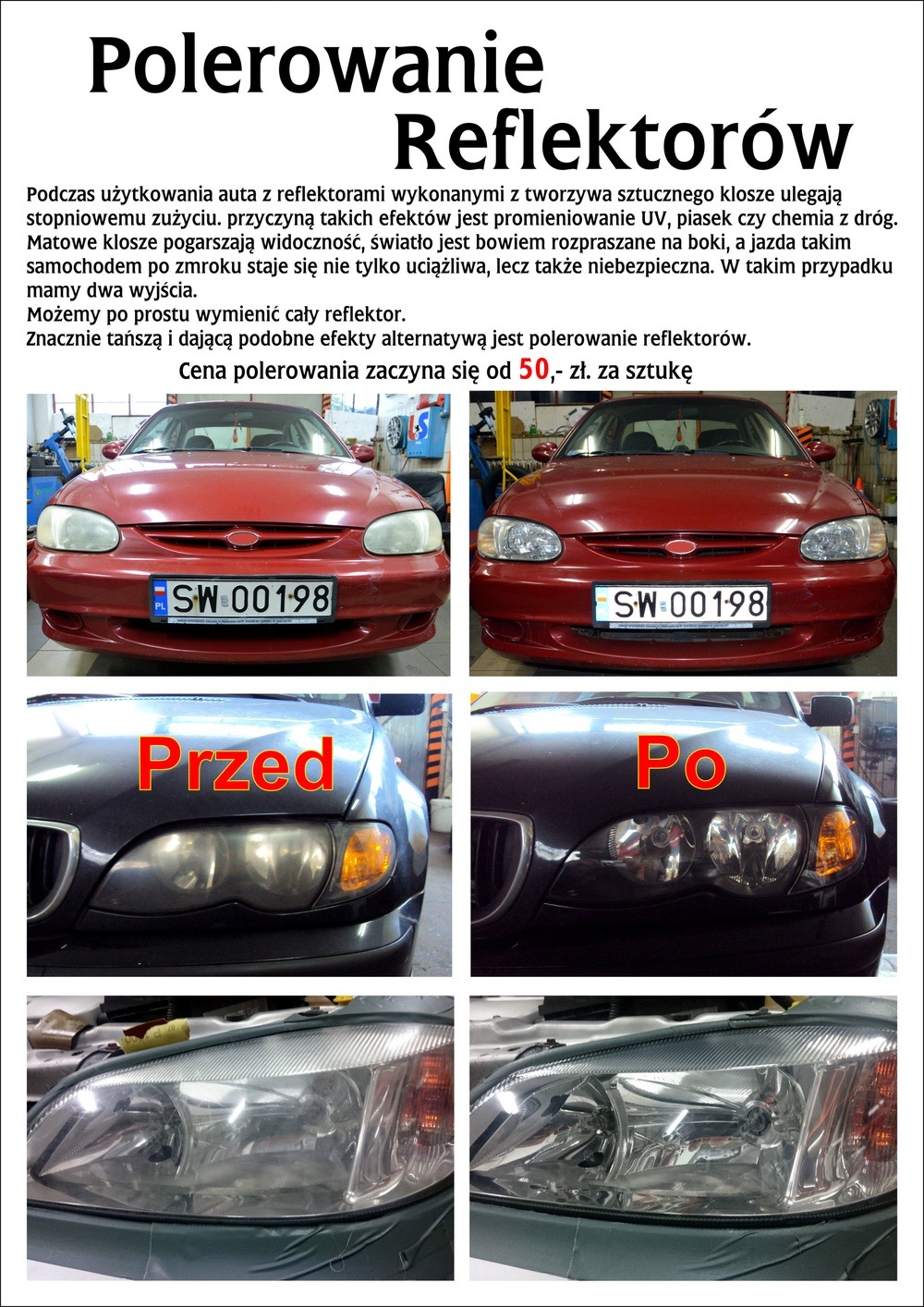 Kolaż zdjęć przedstawiający efekt polerowania reflektorów samochodowych: dwa zdjęcia czerwonego auta przed i po zabiegu, zbliżenia reflektorów BMW przed i po, oraz reflektor owinięty taśmą...