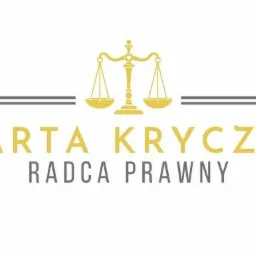 Logo kancelarii prawnej: złote wagi sprawiedliwości nad imieniem i nazwiskiem radcy prawnego Marta Kryczka, napisane złotą czcionką, pod spodem szary napis 'Radca Prawny'.