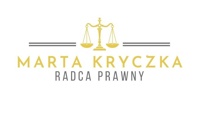 Logo kancelarii prawnej: złote wagi sprawiedliwości nad imieniem i nazwiskiem radcy prawnego Marta Kryczka, napisane złotą czcionką, pod spodem szary napis 'Radca Prawny'.