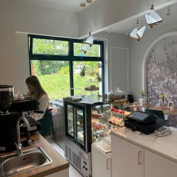 OLIWIA GUMIŃSKA OLIV. DESIGN - Jasne wnętrze kawiarni z ekspozycją ciast i deserów w chłodzonej witrynie, za ladą barista przygotowuje kawę, okno z widokiem na zieleń.